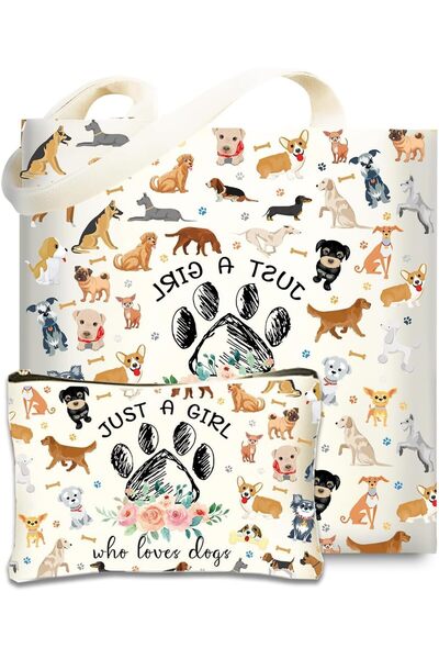 Generic Canvas Tote Bag, Reusable Shopping Bag with Makeup Pouch, Funny Dog D...