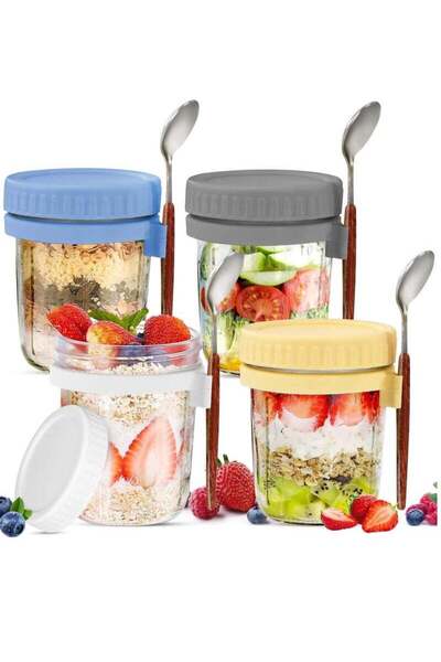 NECOMI 4 Pack Overnight Oats Jars, Overnight Oats Container with Lid and Spoo...