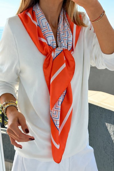 who knows ¿ Cracked White and Orange Patterned Silk Satin Scarf, 100x100