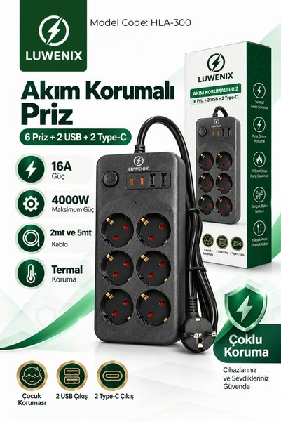 Luwenix 5mt 6’Lı Akım Korumalı Çoklu Priz – 2 USB + 2 Type-C | 4000W 16A | 40...