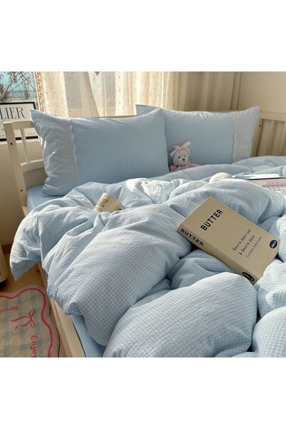 Generic Blue Gingham Duvet Cover Full Size - 3 Piece Cottagecore Plaid Beddin...