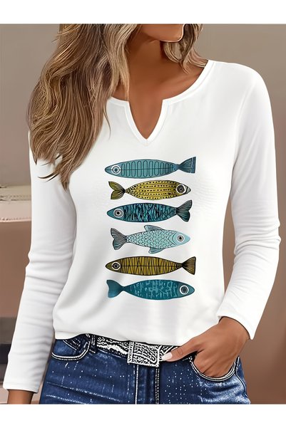 Deocept Printed Cotton-Stretch Fabric Half-V-Neck Long-Sleeve Blouse