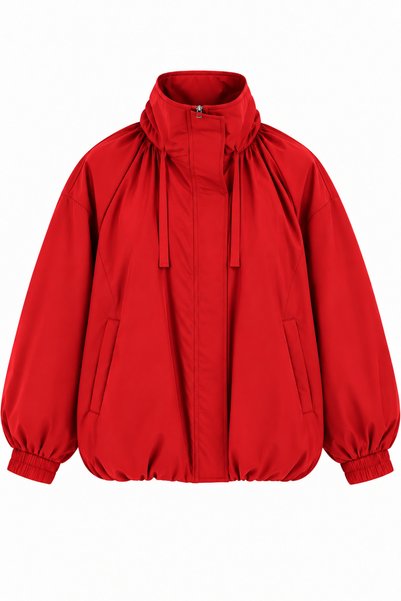 WeShaya Red Mock Neck Tie-Detail Jacket, Oversized, Stretchy, Drop Shoulder, ...
