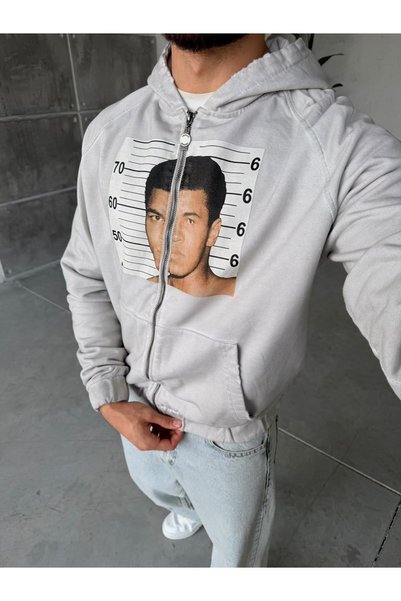 FO4RBS M.ALİ Printed Distressed Sweatshirt with Zip Detail and "T" Embroidery