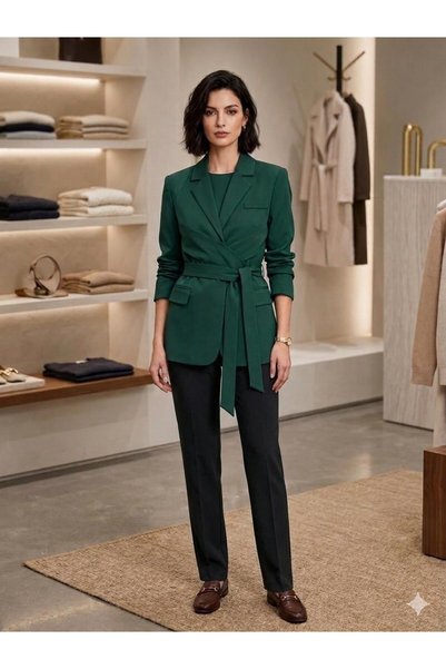 WeShaya Oversized Blazer Jacket with Green Tie-Detail, Woven, Long-Sleeved