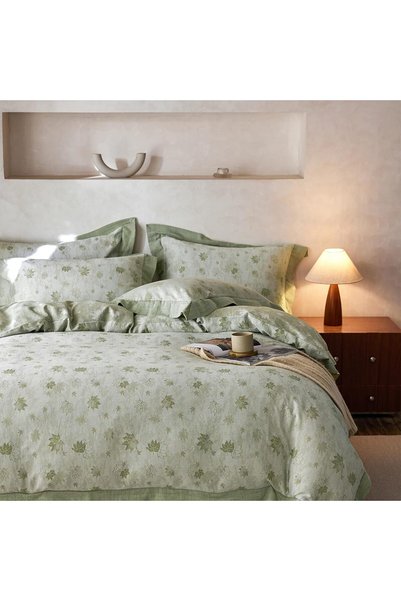 Generic Yarn-Dyed Jacquard Duvet Cover Queen, Green Botanical Leaf Print 3-Pi...