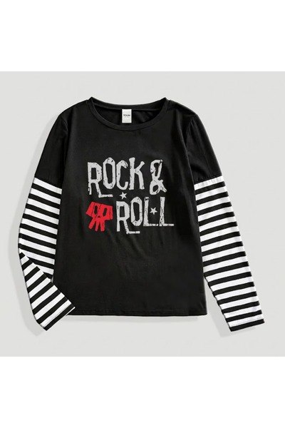 Toum Rock Music Printed Striped Sleeve Unisex Oversized T-Shirt