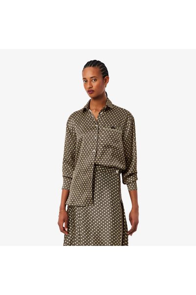 Lacoste Kadın Oversize Fit Desenli Kahverengi Gömlek