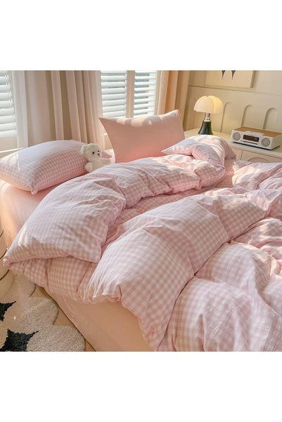 Generic Light Pink Gingham Duvet Cover Set Queen Size - 100% Washed Cotton 3 ...