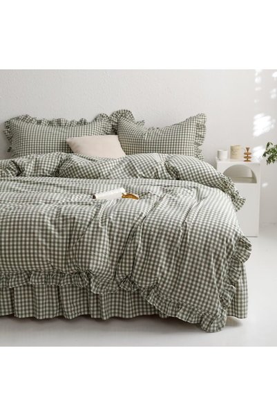Generic Green Gingham Ruffle Duvet Cover Twin Size 3 Pieces – 100% Washed Cot...