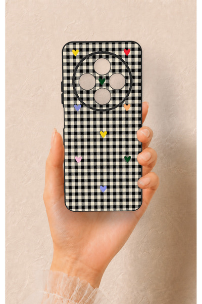 Vip Case Redmi 14C Compatible Silicone Case with Heart-Shaped Plaid Pattern
