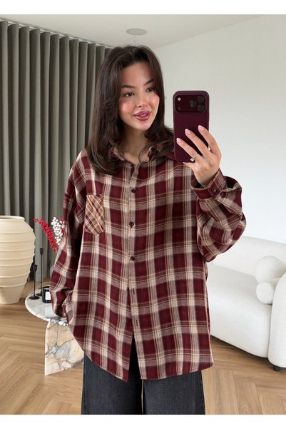 My Blog Burgundy Plaid Oversized Shirt - 5163