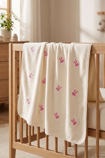 LİVİA SOFT Welsoft Bebek Battaniyesi Tavşan Nakışlı 90x100 cm Yumuşak Peluş Y...