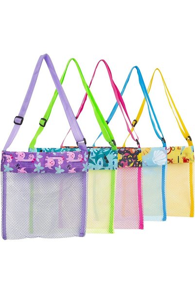 Noonedibs Jucării de plajă, 5 genți colorate din plasă pentru copii, sac în f...