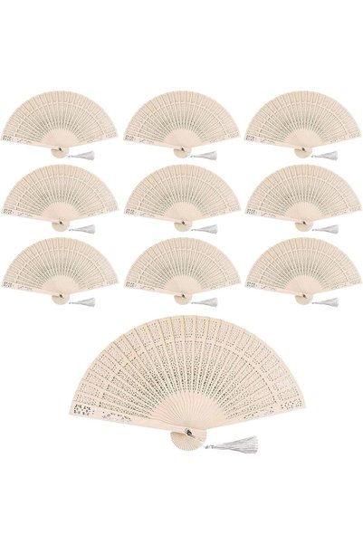 Generic 10 Pieces Wooden Handheld Paper Fans, Folding Wedding Fans with Tasse...