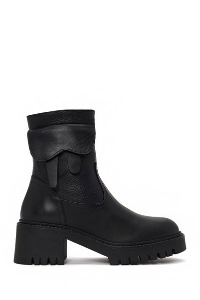 Derimod Women's Black Leather Zip-Up Boots with Thick Heels WF220007DF