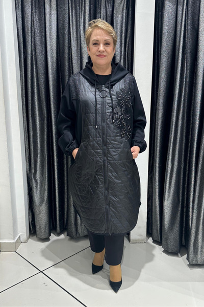 selma Büyük Beden Taş İşlemeli Çiçek Aplikeli Kapüşonlu Kapitone Detaylı Hırka