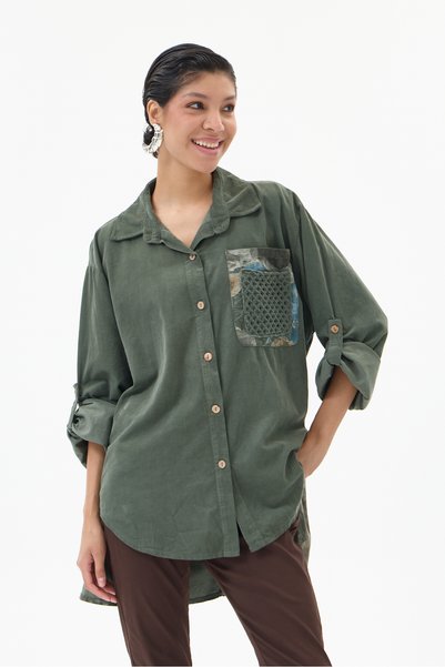 della moor Women's Khaki Italian 100% Cotton Velvet Oversized Velvet Shirt wi...