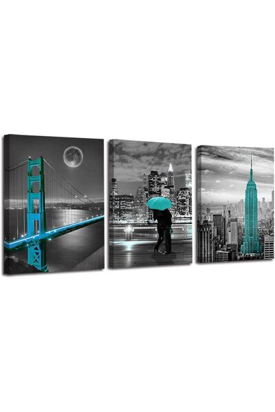 Generic canvas wall art cityscape teal painting golden gate bridge new york c...