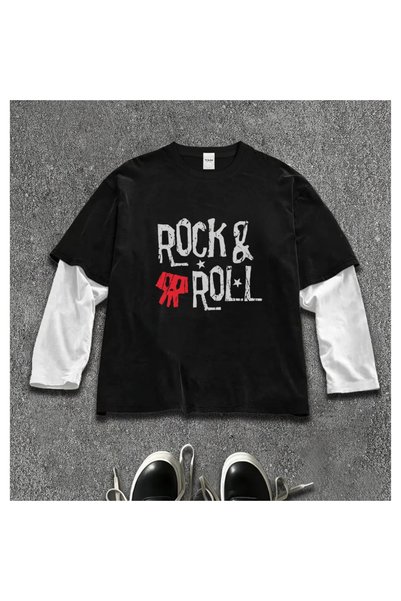 Toum Tricou unisex oversize cu mâneci lungi, cu imprimeu „Rock & Roll Music”