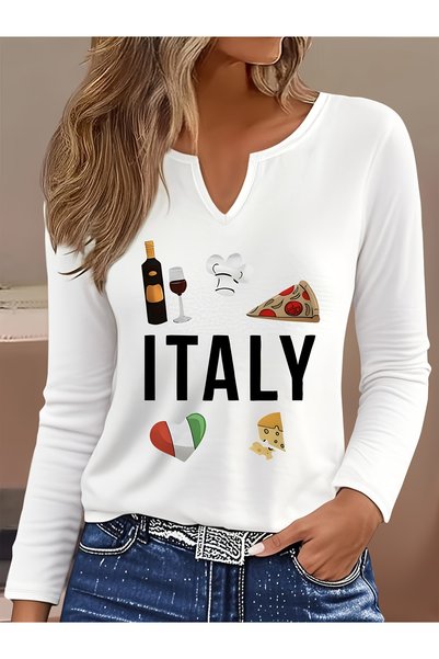 Deocept Printed Cotton-Stretch Fabric Half-V-Neck Long-Sleeve Blouse