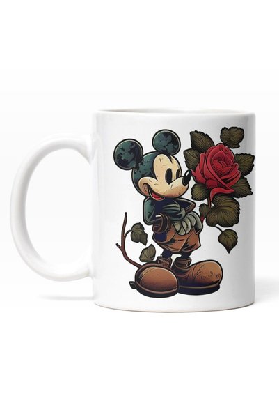 INOVATIX Cana alba personalizata,Mickey Mouse,Floare Trandafir Rosu,Desene An...