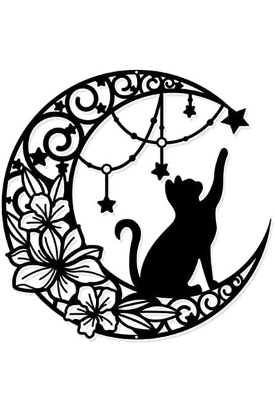 Noonedibs Decoratiune murală din metal, motiv Lună și Pisică, neagră – Siluet...