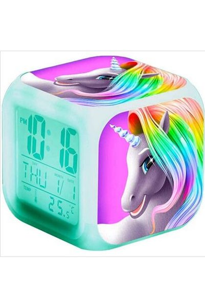 Noonedibs Ceas deșteptător digital Unicorn, cub LCD LED cu 7 culori care schi...