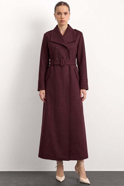 Olcay Gabardine Suede Trench Coat with Handkerchief Collar Detail, BORDO 6941