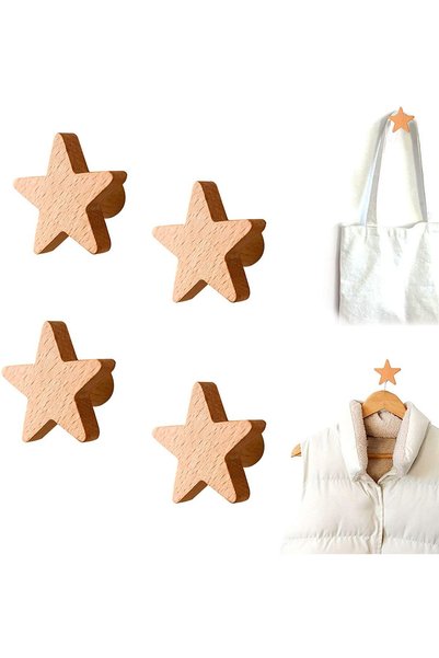 Noonedibs Set de 4 carlige adezive din lemn de fag , montate pe perete, pentr...