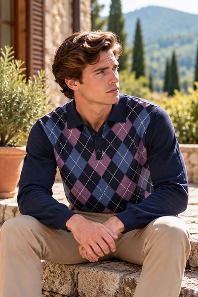 Desen Triko Men’s Polo Collar Wool Sweater with Diamond Patterned Design on t...