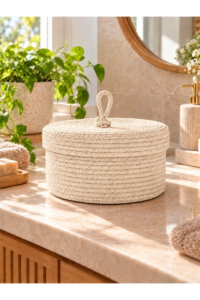 ÖRGÜM Coș tricotat cu capac, 25x15 cm, organizator multifuncțional pentru bai...
