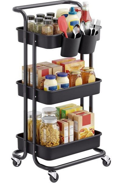 Generic 3-Tier Rolling Storage Cart, Black Steel Frame, Plastic Baskets, 3 Sh...