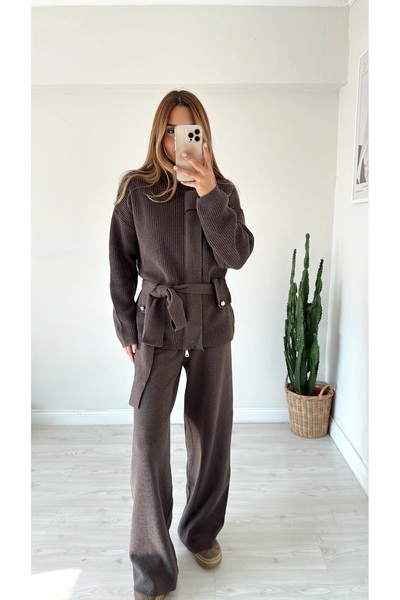 manana fashion Mock Neck, Belted Knit Cardigan and Pants Set - 074