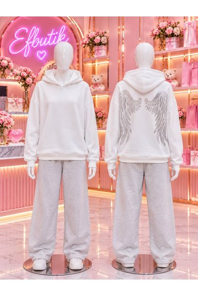 EFBUTİK White Sweatshirt with Back Print and Stone-Washed Sleeves and Hood