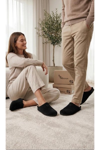 SBronze Unisex Winter Fur-Trimmed Slippers with Fur-Lined Insoles & House Sli...