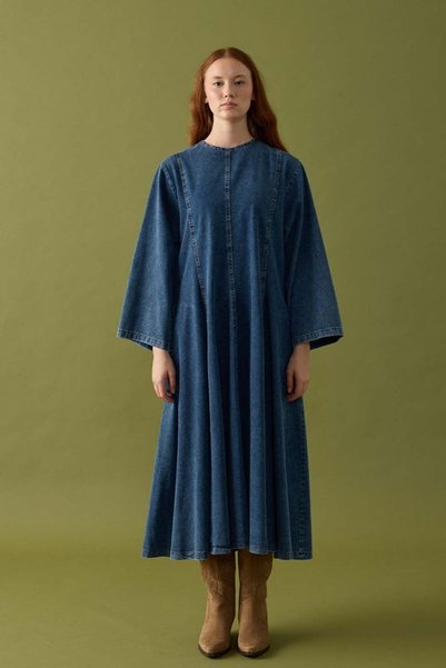 Ceylan Otantik Mavi Denim Parçalı Elbise