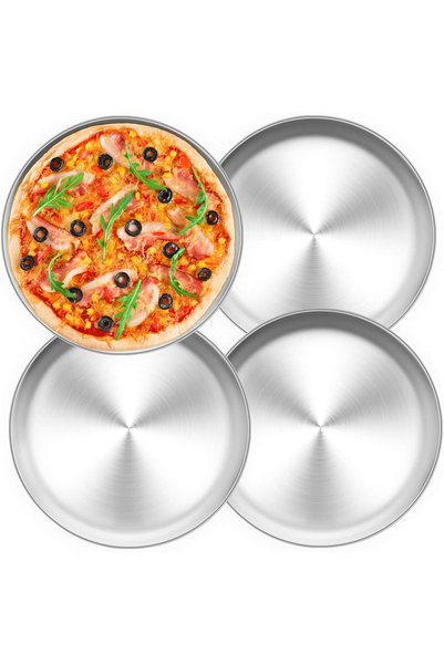 Noonedibs Set de 4 tăvi de pizza, tavă rotundă din oțel inoxidabil în formă d...
