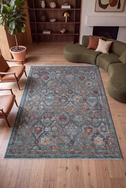 Cool Halı Saray Turkuaz Vintage Halı Etnik Çiçek Motifli Soft Çerçeveli Bohem...