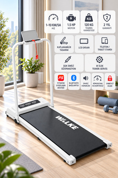 Walke W-Fit Plus Koşu Bandı Beyaz Dahili Hoparlörlü Hız Kontrollü Uygulamalı