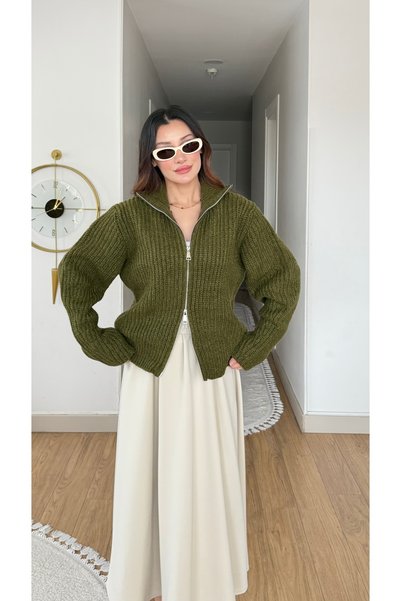 NİLNUR MODA Cardigan de tricotat de bază cu fermoar dublu