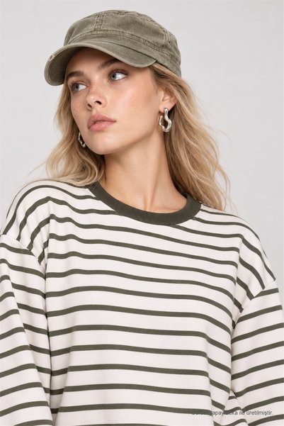 Lovelyİstanbul Oversized Striped Knit Sweatshirt LRN0079 Khaki Ecru