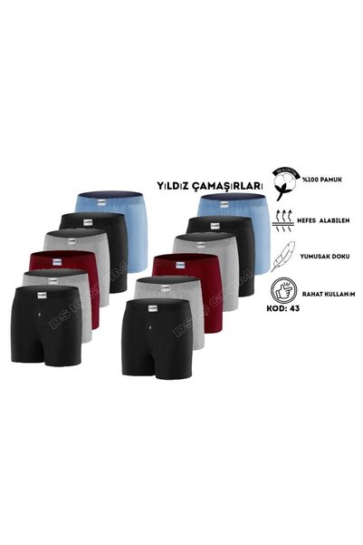 Yıldız Çamaşır 43 MEN'S MIXED-COLOR SOLID-COLOR BOXER SHORTS, 12-PACK