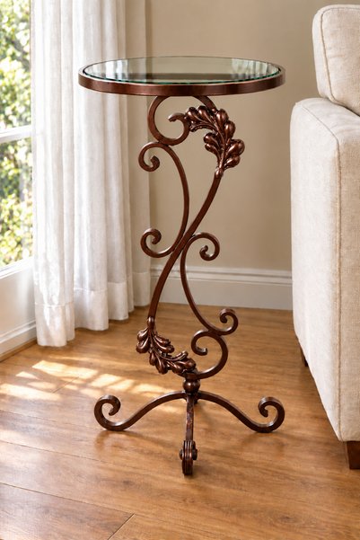 Canik Design Yuvarlak Ferforje Yan Sehpa – Eskitme Bronz Renk, Gold Yaprak De...