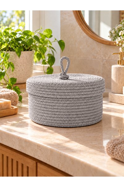 ÖRGÜM Coș tricotat cu capac, 25x15 cm, organizator multifuncțional pentru bai...