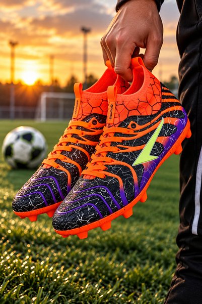 by Soccers Black-and-Orange Ankle-High Soccer Cleats for Grass Fields