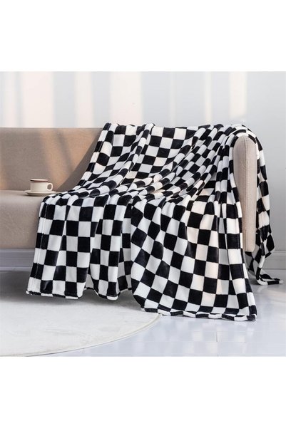 Generic Flannel Fleece Blanket Throw - 59"x51" Black and White Checker Lightw...