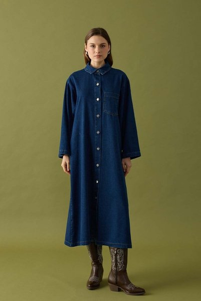 Ceylan Otantik Lacivert Denim Düğmeli Elbise