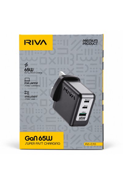 Riva شاحن حائط RVI-C70 بقدرة 65 واط بتقنية GaN مع منفذي USB-C ومنفذ USB-A واحد