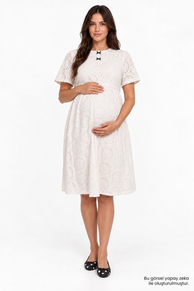 Allyco Crew Neck, Fisto-Embroidered Midi Maternity Dress